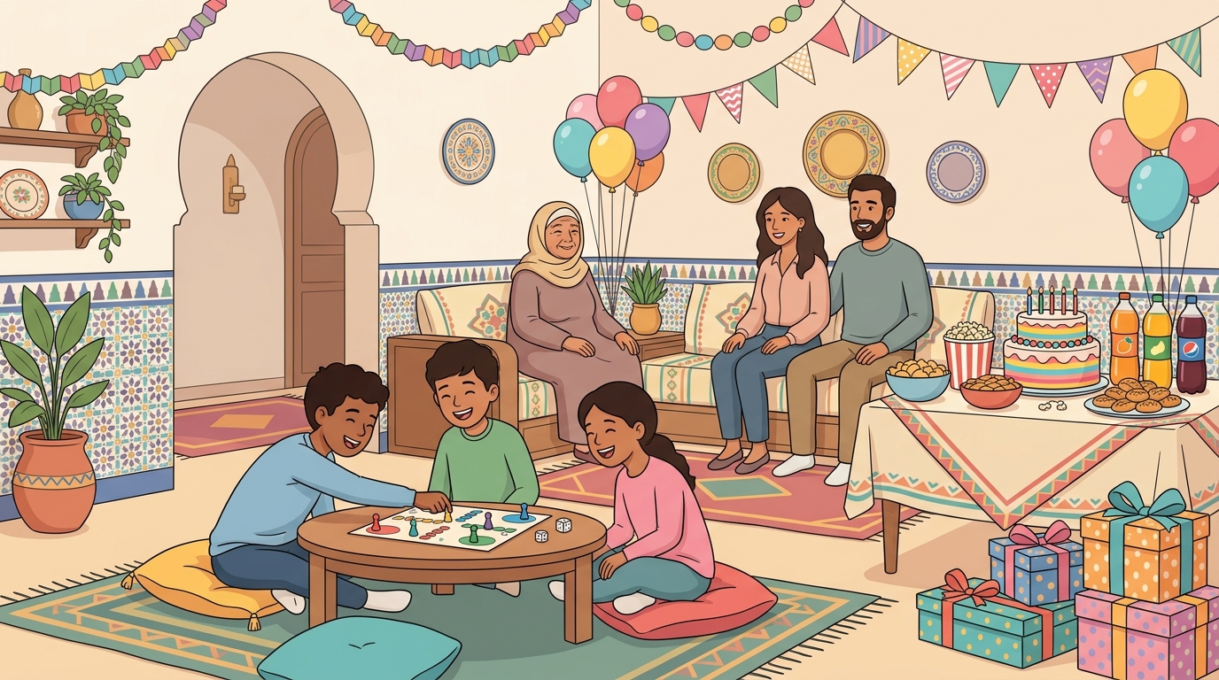 Le salon décoré pour l'anniversaire : ballons, gâteau, jus, cadeaux ; les enfants jouent à un jeu de société devant les parents et la grand-mère